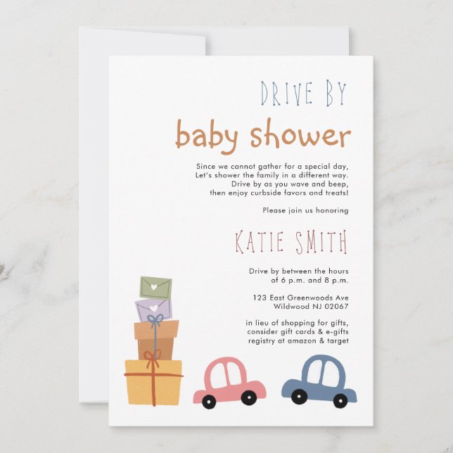 Niedliche Autos und Geschenke Drive by Baby Dusche Einladung (Vorderseite)