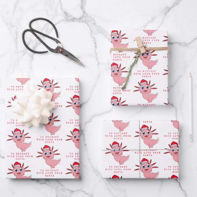 Niedliche Axolotl-Liebe von Santa Kinder Name Geschenkpapier Set (Vorderseite)