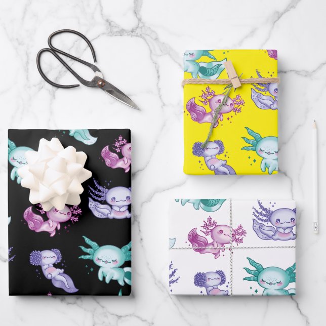 Niedliche Axolotls Geschenkpapier Set (Vorderseite)