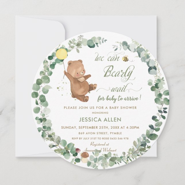 Niedliche Baby Bear Greenery Gender Neutral Baby D Einladung (Vorderseite)