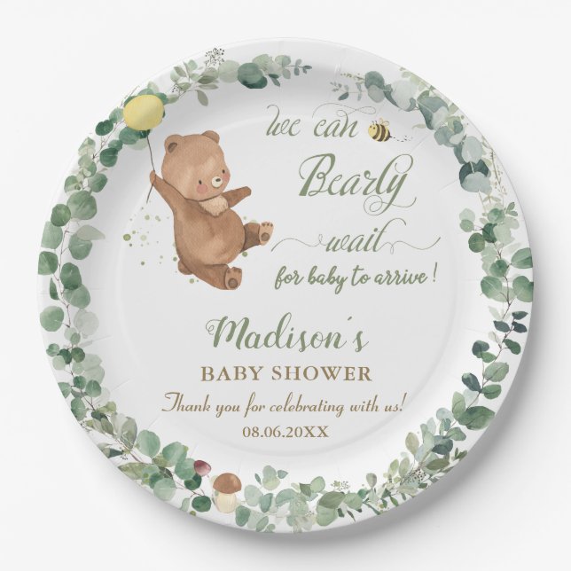Niedliche Baby Bear Greenery Gender Neutral Baby D Pappteller (Vorderseite)