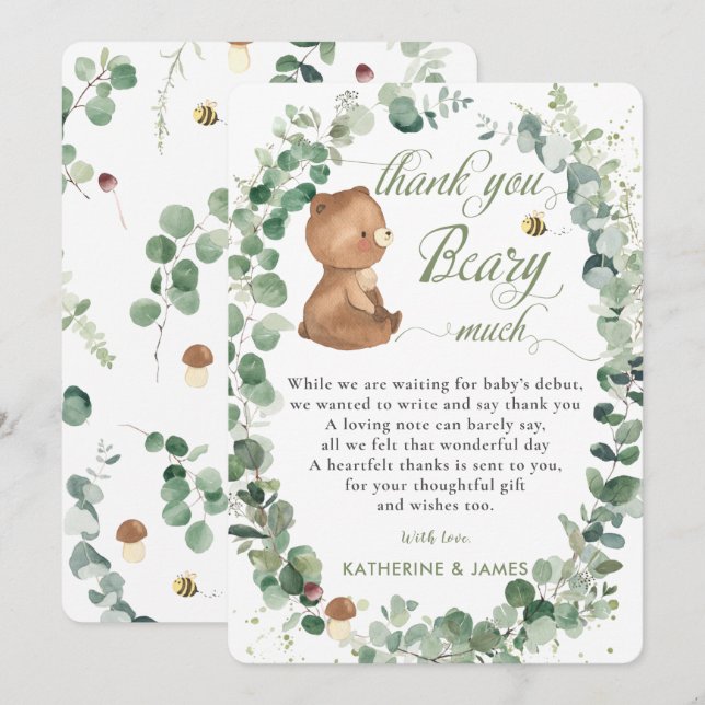 Niedliche Baby Bear Greenery Geschlecht Neutrale D Dankeskarte (Vorne/Hinten)