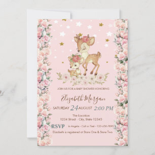 Niedliche Baby Deer Blume Rose Sternen Kinderdusch Einladung