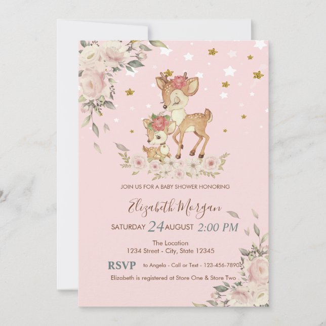Niedliche Baby Deer Blume, Stars Babydusche Einladung (Vorderseite)