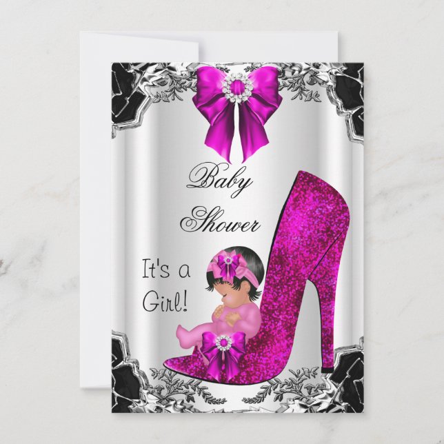 Niedliche Baby Dusche Girl Hot Pink High Heel Blüt Einladung (Vorderseite)