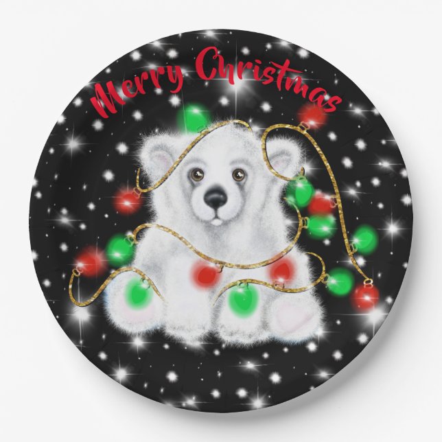 Niedliche Baby-Eisbär-Weihnachtslichter Sternennac Pappteller (Vorderseite)
