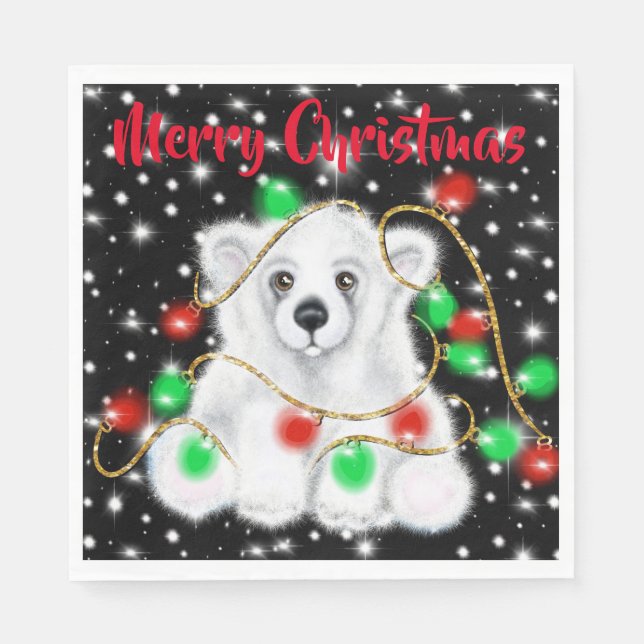 Niedliche Baby-Eisbär-Weihnachtslichter Sternennac Serviette (Vorderseite)