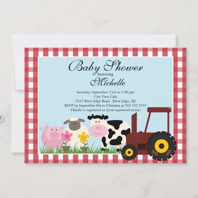 Niedliche Baby Farm Animals Kinderdusche Einladung (Vorderseite)