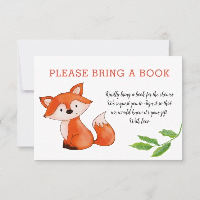 Niedliche Baby Fox Blätter bringen ein Buch | Baby Einladung (Vorderseite)