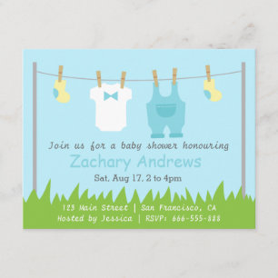 Niedliche Baby-Jungen-Dusche mit Baby-Kleidung Einladung
