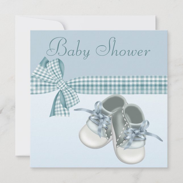 Niedliche Baby-Jungen-Duschen-blaue Schuhe u. Einladung (Vorderseite)