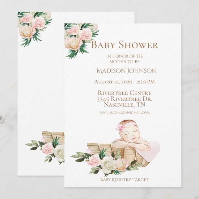 Niedliche Baby-Körbe Blumenmuster Pink Baby-Dusche Einladung (Vorne/Hinten)