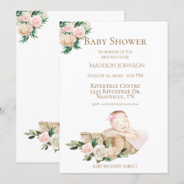Niedliche Baby-Körbe Blumenmuster Pink Baby-Dusche Einladung