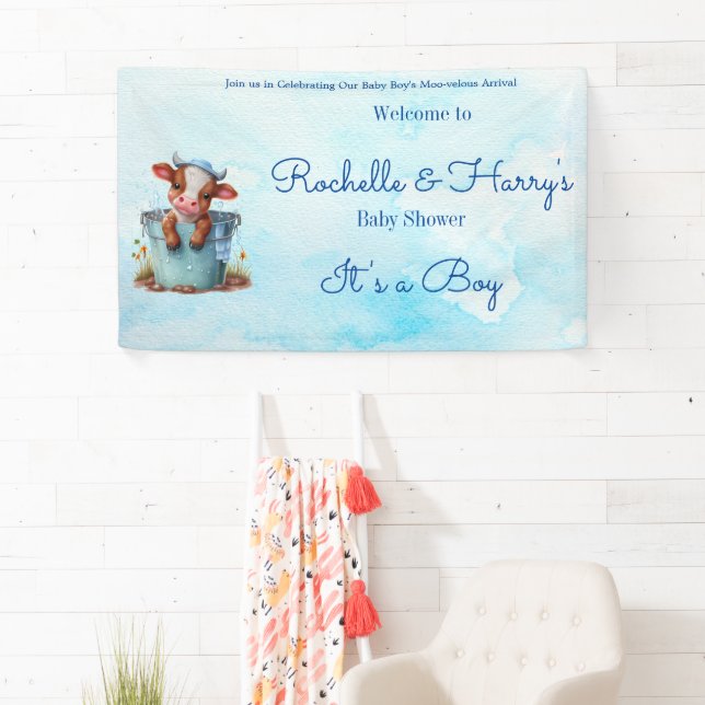 Niedliche Baby Kuh in Eimer Blue Baby Dusche Ihr J Banner (Insitu)