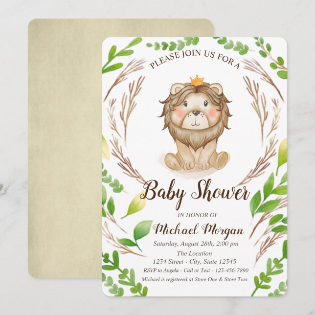 Niedliche Baby Lion Crown-Blätter Einladung (Vorne/Hinten)