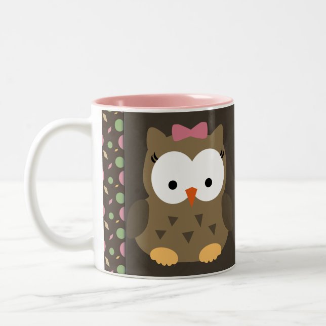 Niedliche Baby-Mädchen-Eule mit rosa Bogen-der Zweifarbige Tasse (Links)