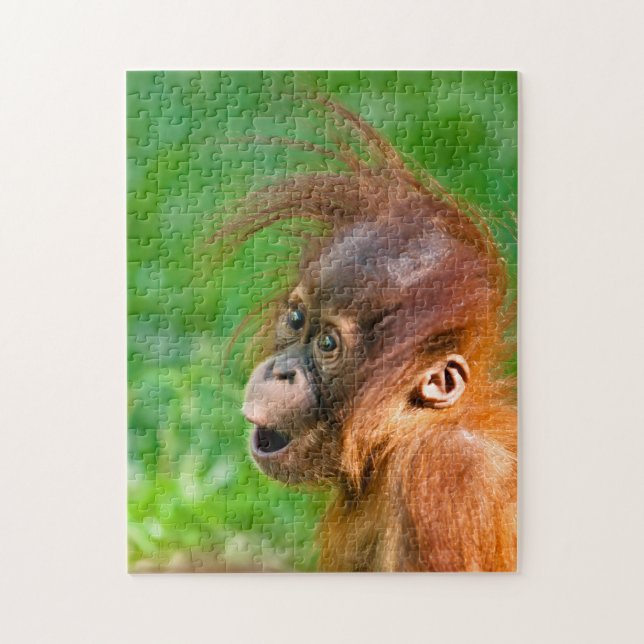 Niedliche Baby-Orang-Utan schaut sich im Staunen a (Vertikal)