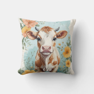 Niedliche Baby-Tiere   Adorable Kuh Calf Floral Kissen