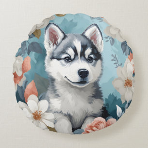 Niedliche Baby-Tiere Husky Puppy Rundes Kissen
