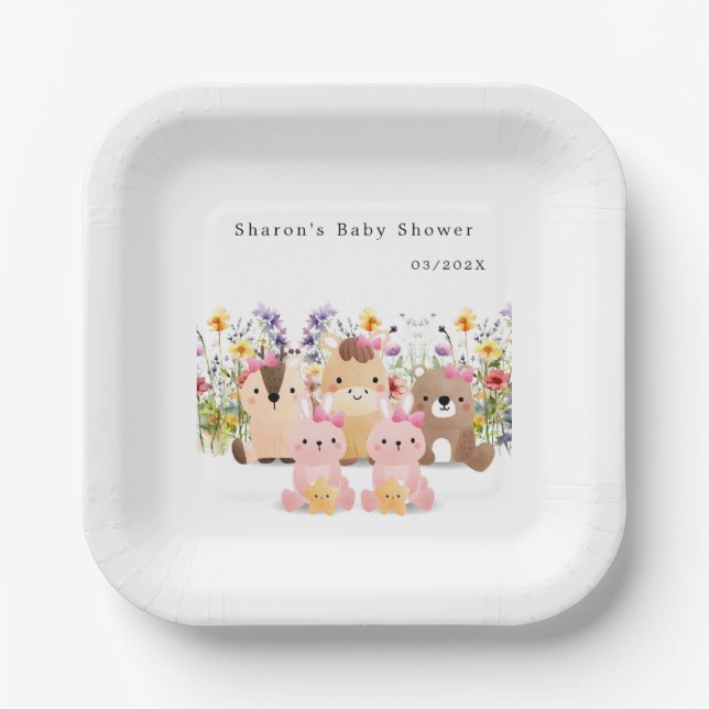 Niedliche Baby-Tiere und Wildblume | Babydusche Pappteller (Vorderseite)