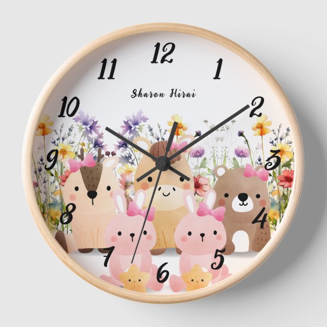 Niedliche Baby-Tiere und Wildblume-Wall-Uhr Uhr (Vorderseite)