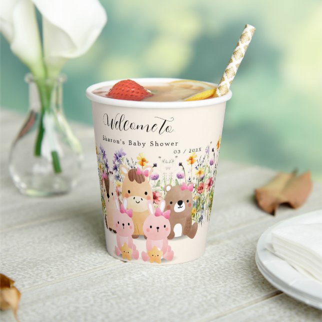 Niedliche Baby-Tiere & Wildblumen Kinderdusche Pappbecher (In Situ)