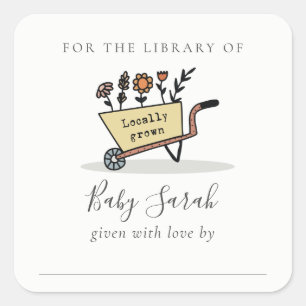 Niedliche Babybibliothek mit gelbem Blumenkart Quadratischer Aufkleber