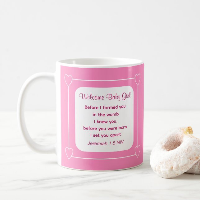 Niedliche Babydusche Bibel Verse Streifen rosa Par Kaffeetasse (Mit Donut)