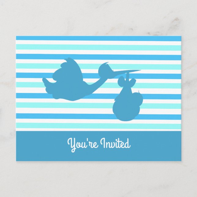 Niedliche Babydusche Blau Stripter Junge mit Stork Einladungspostkarte (Vorderseite)