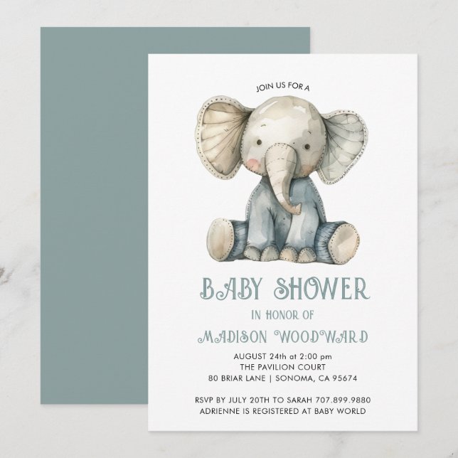 Niedliche Babydusche Blue gepolstertes Elefantensp Einladung (Vorne/Hinten)