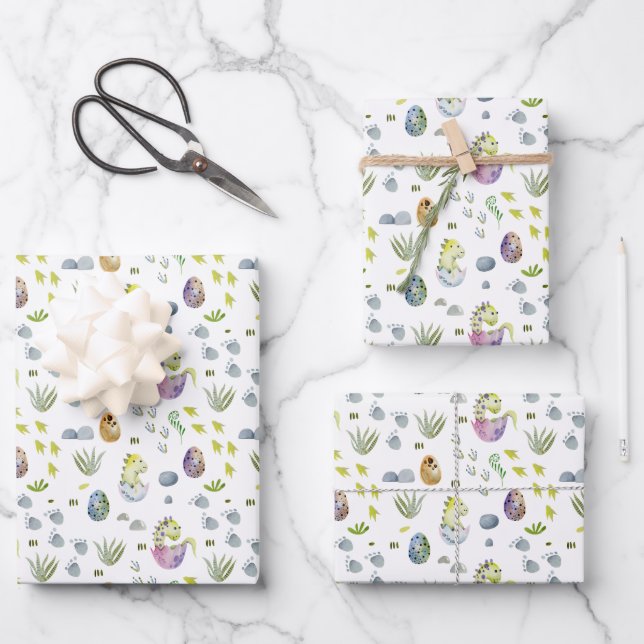 niedliche Babydusche gekachelt Jungen Dinosaurier  Geschenkpapier Set (Vorderseite)