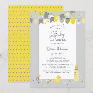 Niedliche Babydusche Gelb Grau Moderne Bannerflagg Einladung
