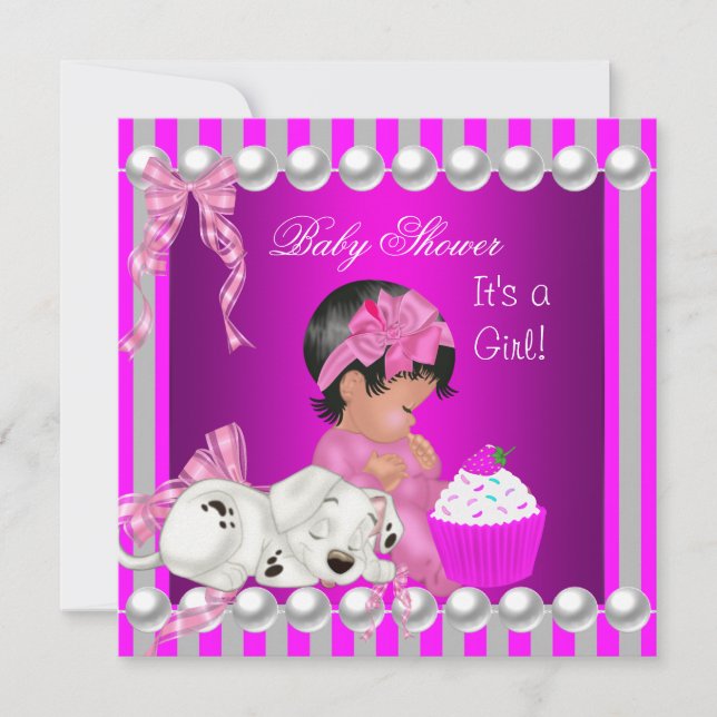Niedliche Babydusche Mädchen Pink Strip cupcake Einladung (Vorderseite)