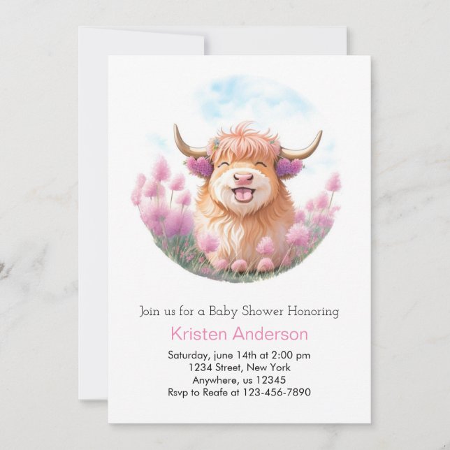 Niedliche Babydusche mit Highland Cow Editable Pin Einladung (Vorderseite)