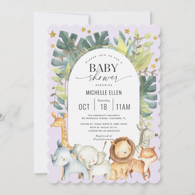Niedliche Babydusche mit Safari-Thema lila Einladung (Vorderseite)