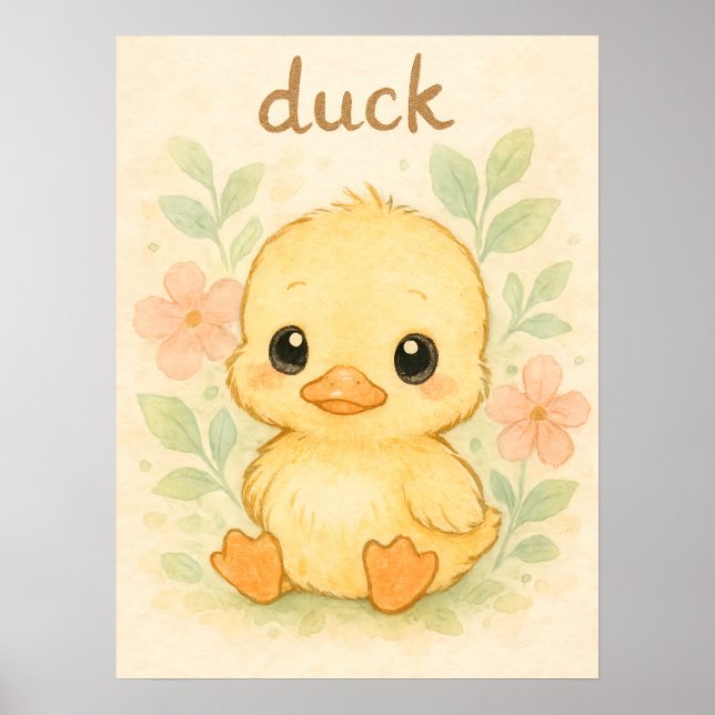 Niedliche Babyente - Aquarell-Tierwerbung für Kind Poster (Vorne)