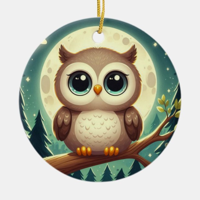 Niedliche Babyeule nachts mit Mond Keramik Ornament (Vorne)