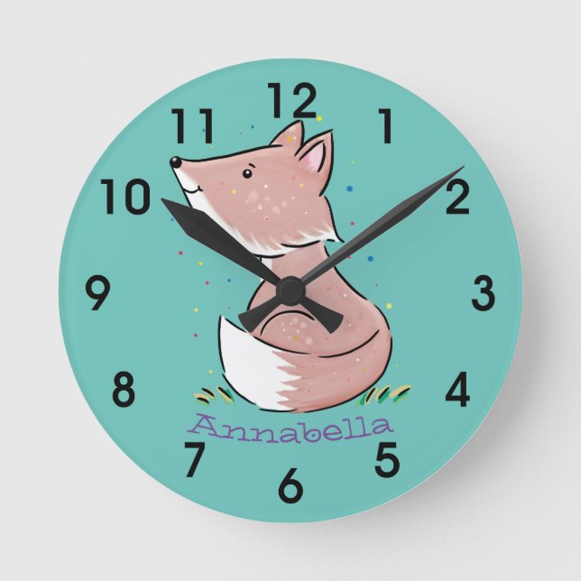 Niedliche Babyfox-Cartoon-Abbildung Runde Wanduhr (Vorderseite)