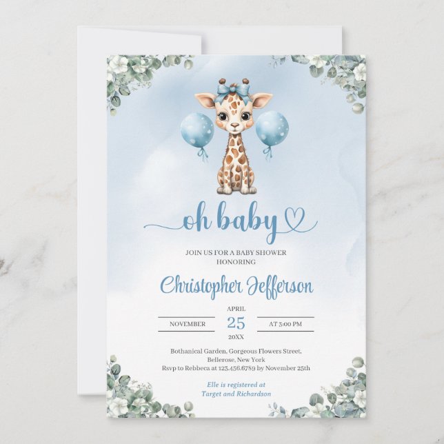 Niedliche Babygiraffe Eukalyptus-Babydusche Einladung (Vorderseite)