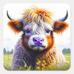 Niedliche Babyhochlandkuh in Feld oder Blume Quadratischer Aufkleber