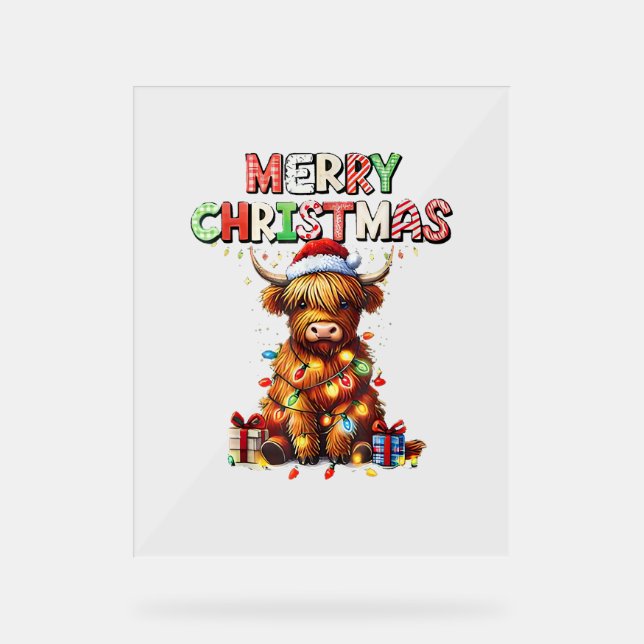 Niedliche Babyhochlandkuh mit Weihnachtslicht Acrylschild (Vorderseite)