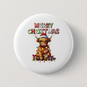 Niedliche Babyhochlandkuh mit Weihnachtslicht Button