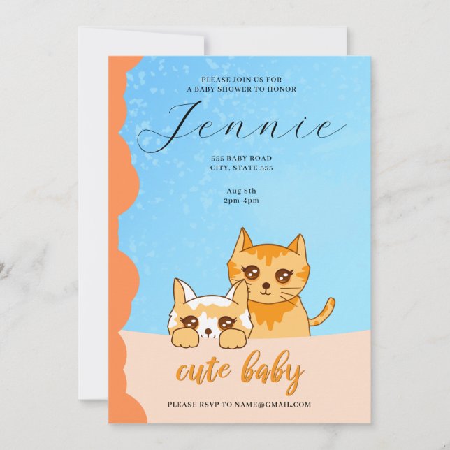 niedliche Babykatze, Babydusche Einladung (Vorderseite)