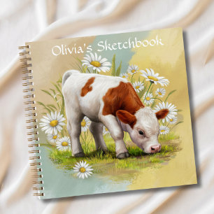 Niedliche Babykuh im Bereich Daisies Sketch Notizbuch
