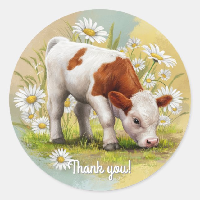 Niedliche Babykuh im Bereich des Daisies-Western Runder Aufkleber (Vorderseite)