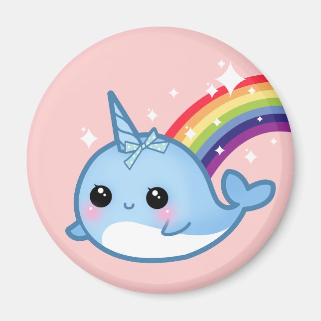 Niedliche Babynarwhal mit Regenbogen und rosa Ster Magnet (Vorne)