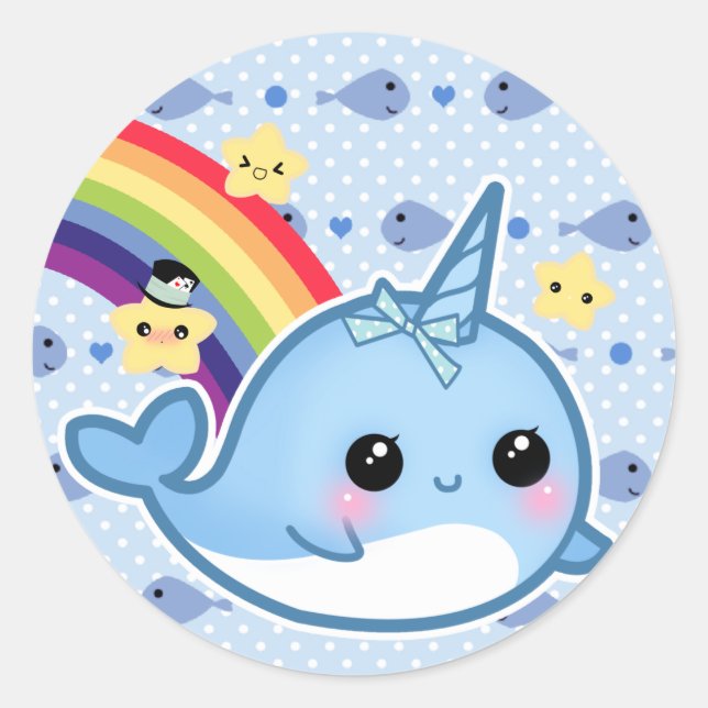 Niedliche Babynarwhal mit Regenbogen und Sternen Runder Aufkleber (Vorderseite)