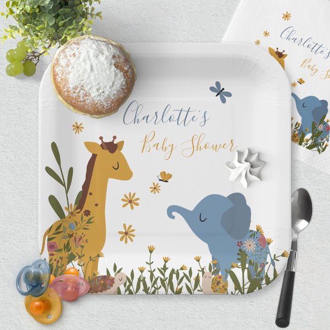 Niedliche Babys Floral Baby Shower Square Pappteller (Giraffe Elephant Snail Turtle Baby Shower Square Paper Plates ©Susanne Sachers - Sunny Mind Design )