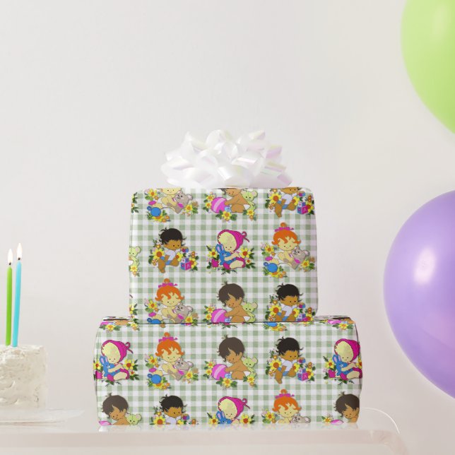 Niedliche Babys Retro farbenfrohe Seite Grün Karie Geschenkpapier (Partygeschenke)