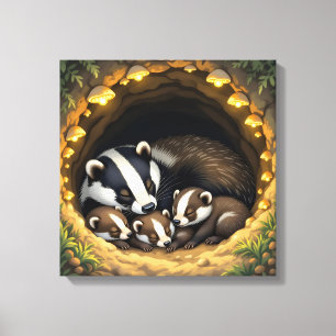 Niedliche Badger Family Napping Leinwanddruck